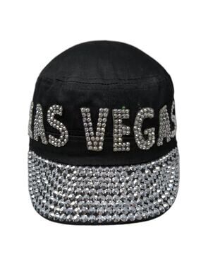 Somethingspecial Black Silver Army Cap Hat One Size Las Vegas Rhinestone Jeweled